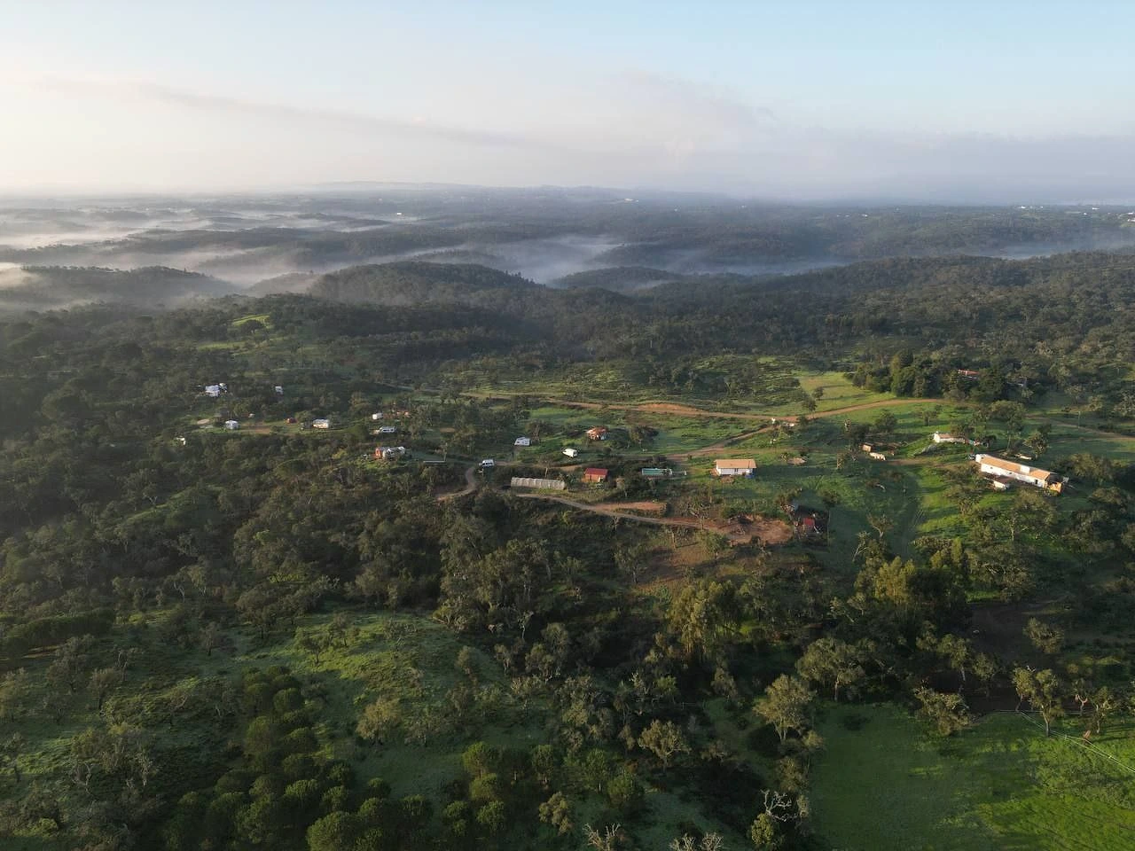Aerial view of Malama and the surrounding hills, with morning mist in the valleys