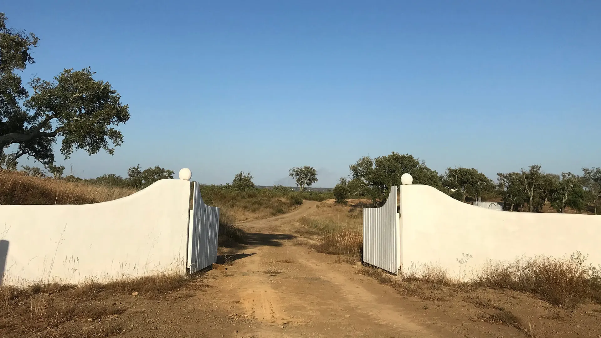 The open white gate of Malama, with a sunlit sandy path leading through the cork oaks
