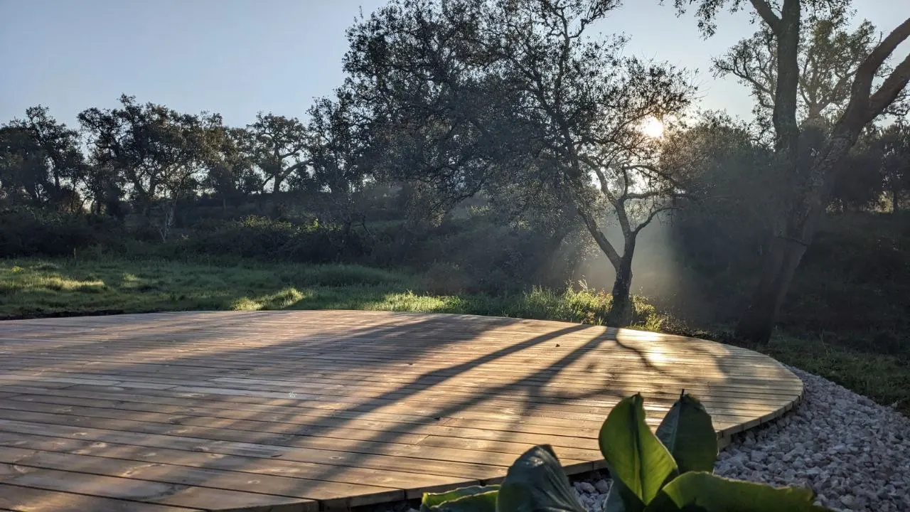 The round wooden yoga deck at sunrise, with light breaking through the trees