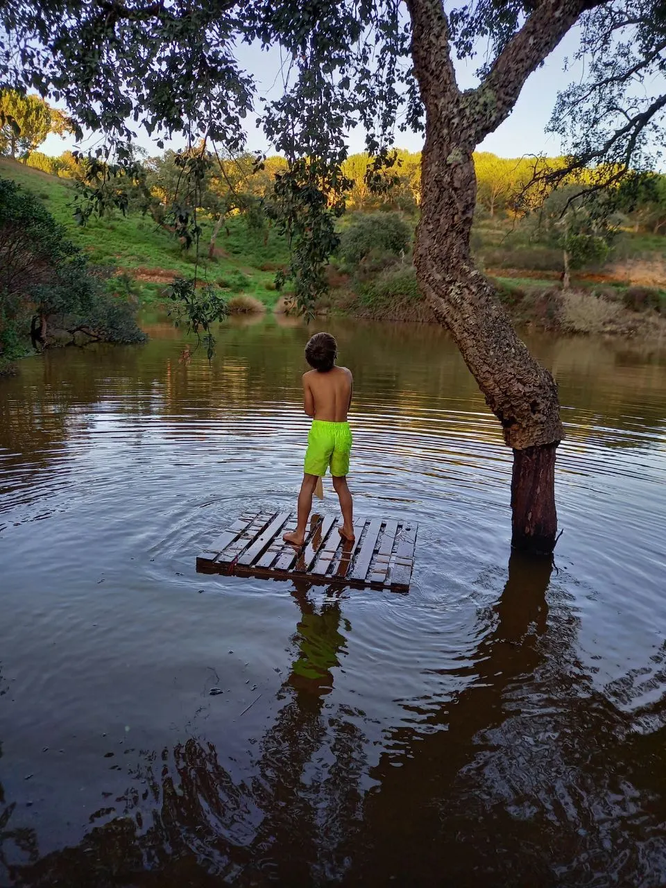 A child standing on a wooden swing over the pond at Malama