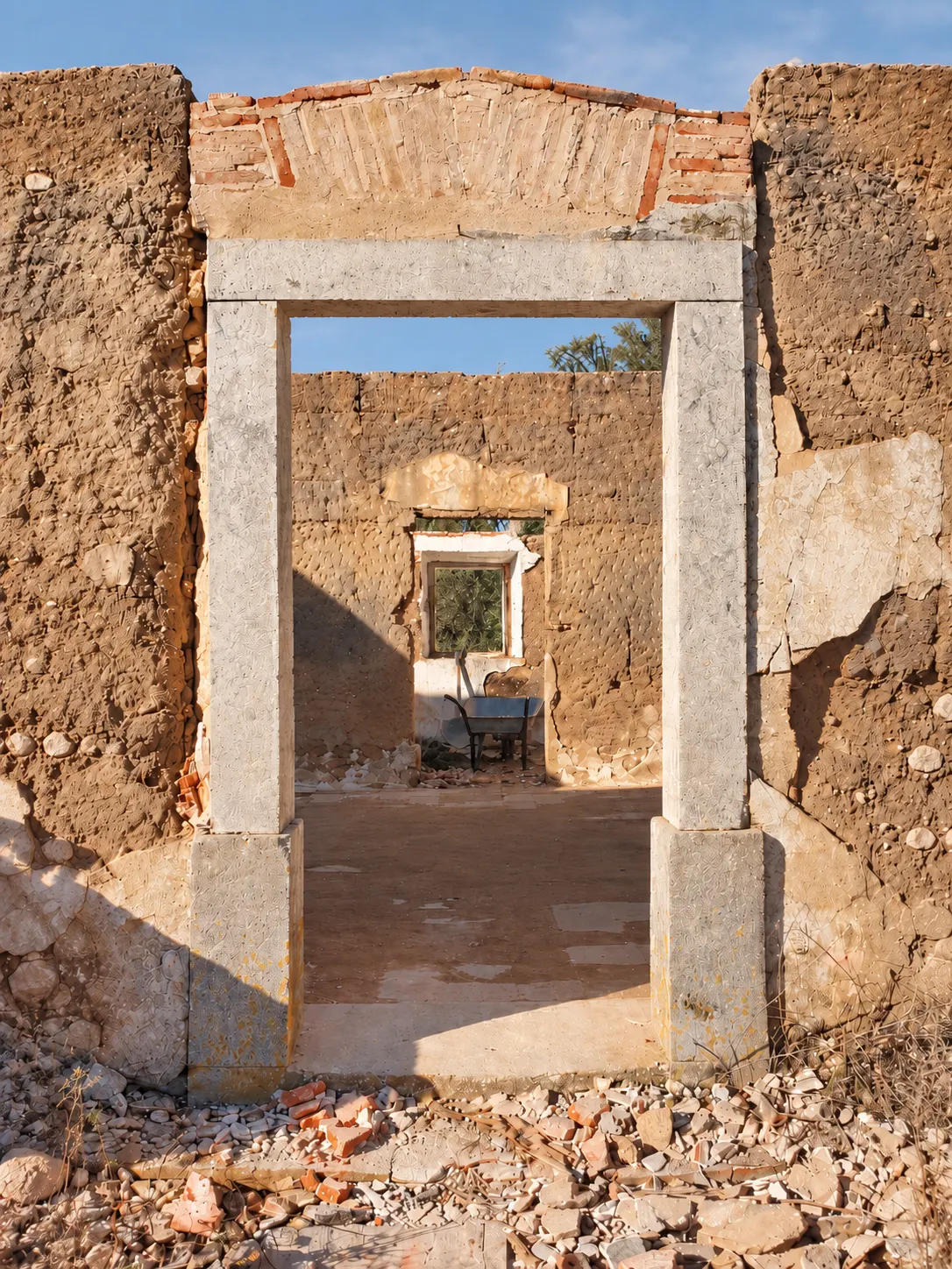 Sunlit stone doorways in the old Malama building, with MALAMA carved above the outer doorway