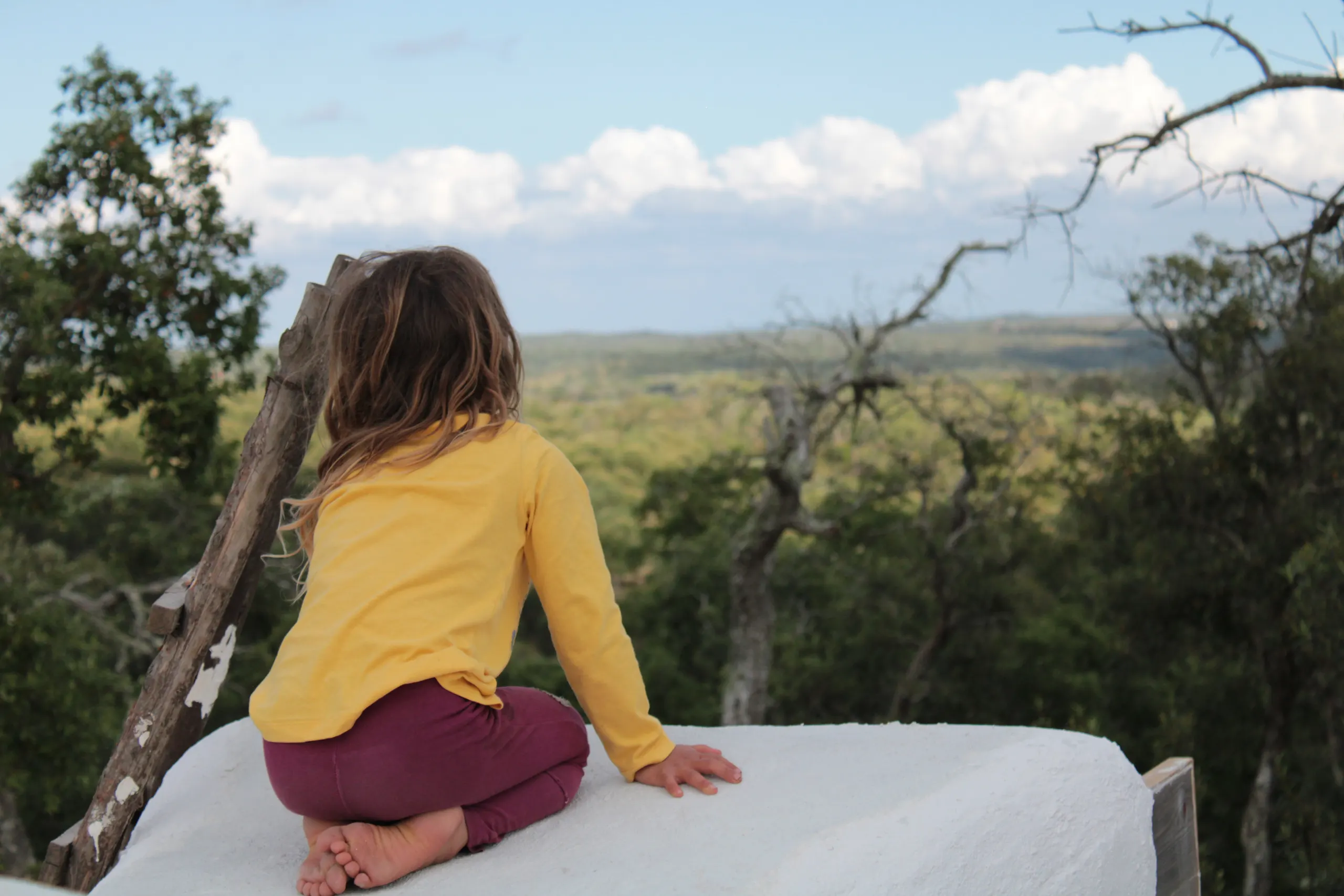A child in a yellow top sitting barefoot, looking out over the forest towards the horizon