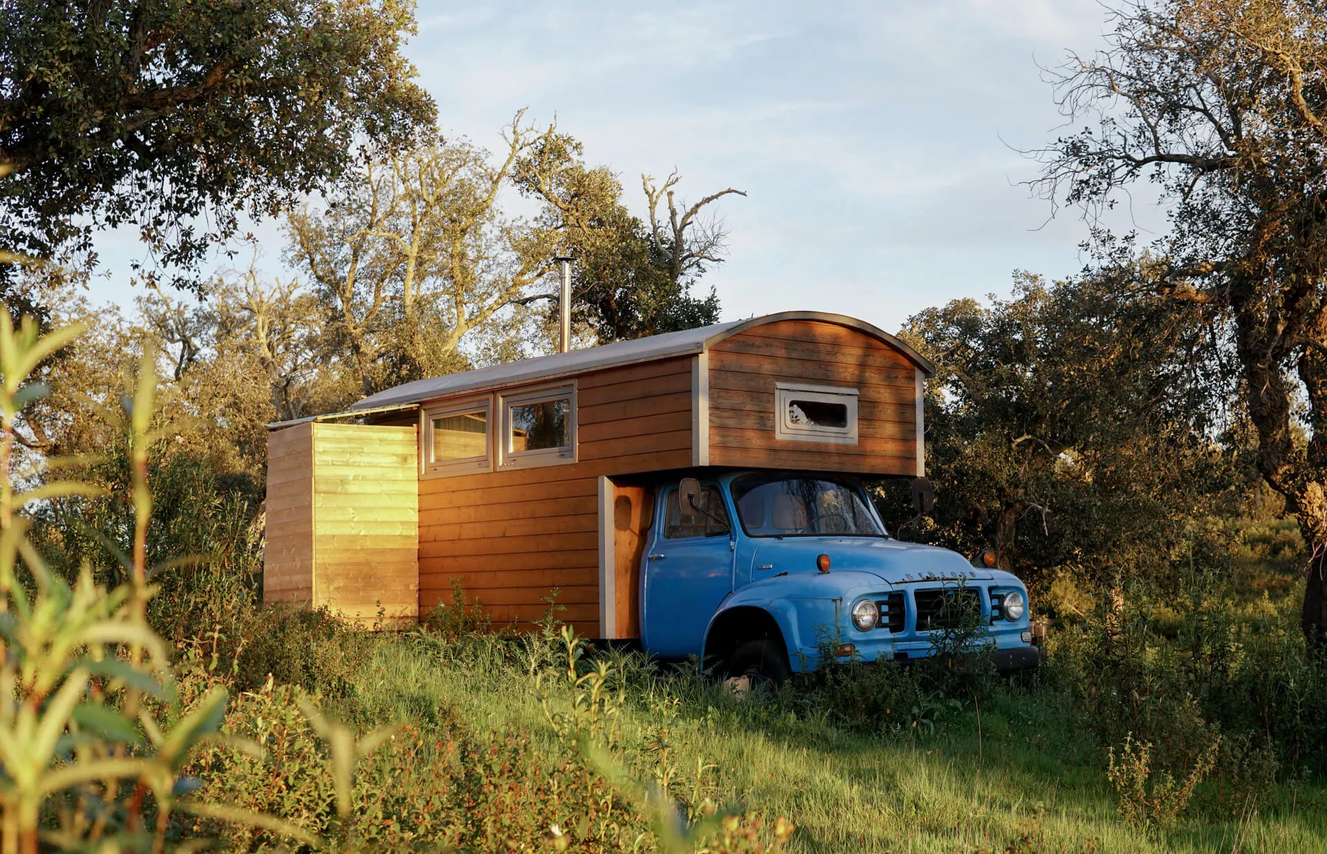 The Bedford Tiny House, a wooden cabin on a vintage blue truck, in the long grass